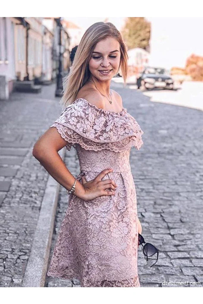 Elegant and elegant pink short sleeve lace homecoming party cocktail dress