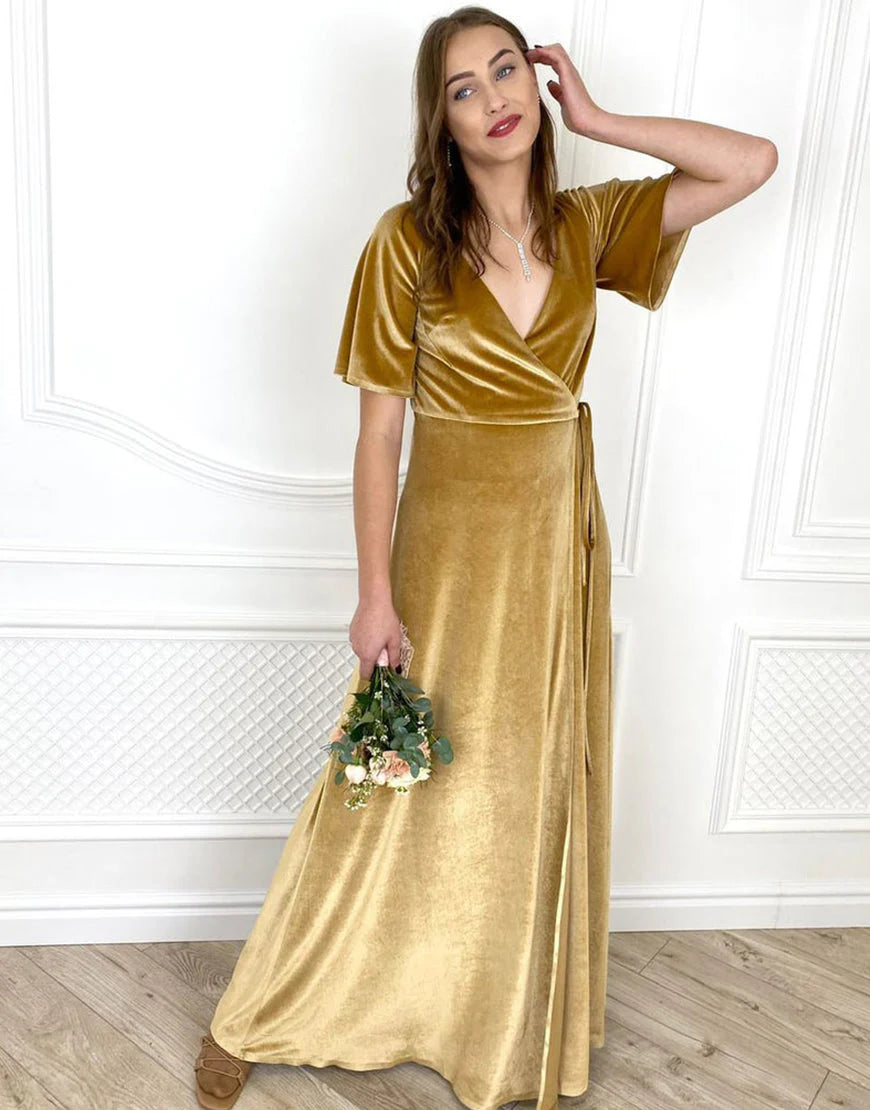 Elegant and noble short sleeved V-neck ground bridesmaid dress