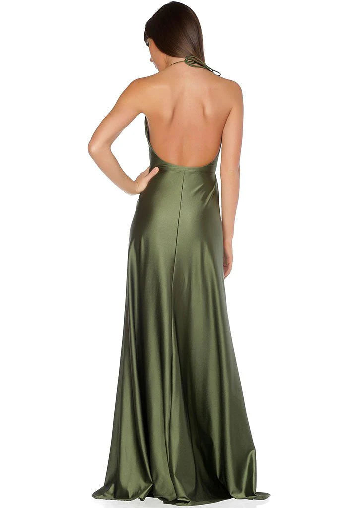 Elegant minimalist sexy backless high slit long V-neck open front green ball party dress