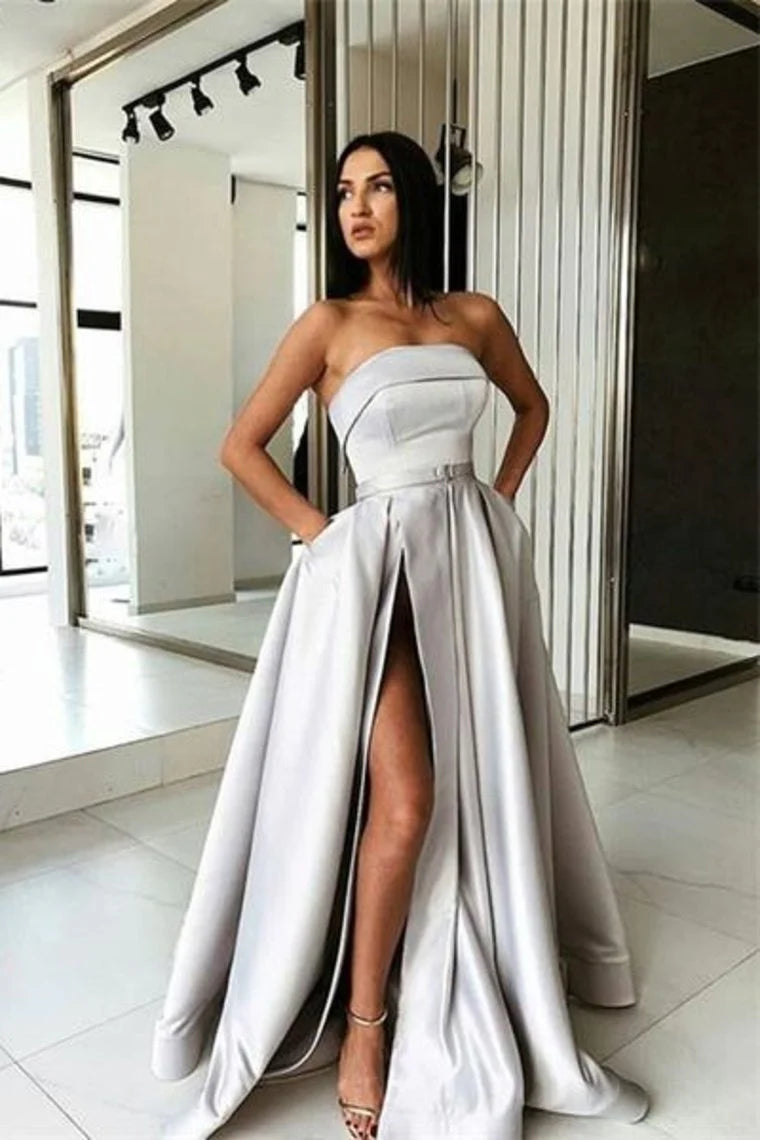 Elegant and sexy strapless silver satin long simple ball dress