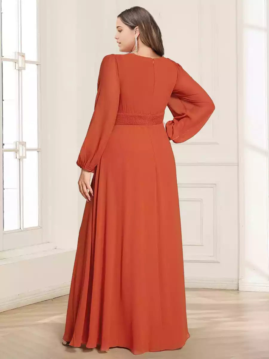 Elegant A-line/Princess Wind and Snow Spinning Round Neck Long Sleeve Folded Large Size Mother of the Bride Dresses