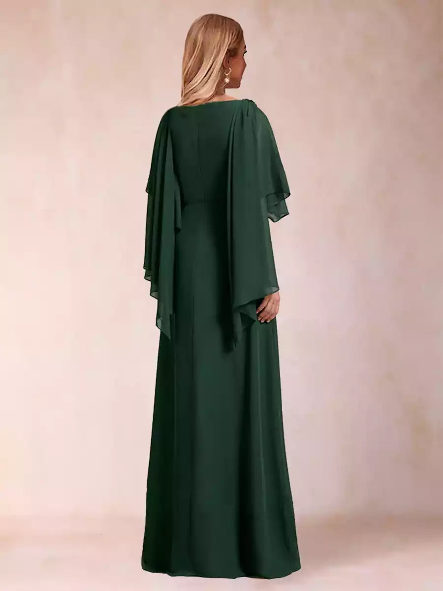 Elegant A-line/Princess style round neck half cuff bead decoration sheer ruffle Mother of the Bride Dresses