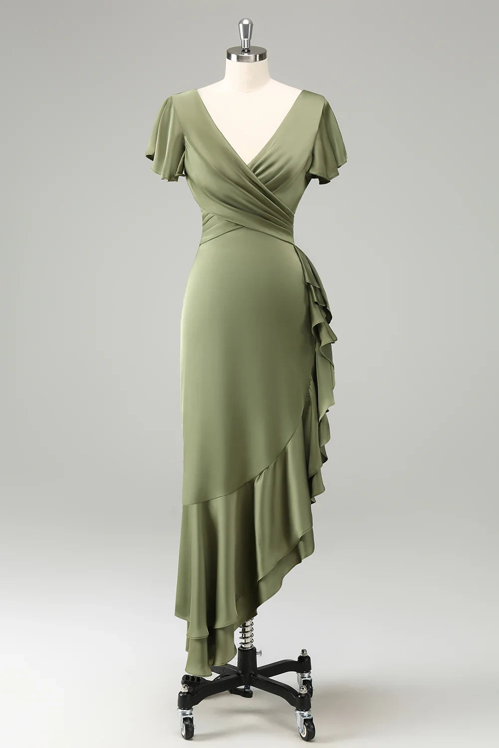 Elegant A-line V-neck short sleeved asymmetrical pleated bridesmaid dress
