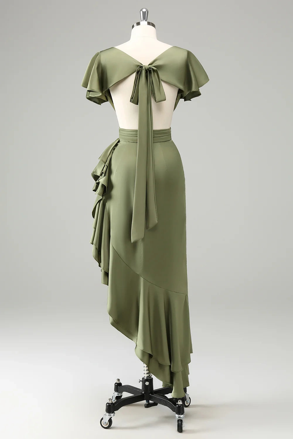 Elegant A-line V-neck short sleeved asymmetrical pleated bridesmaid dress