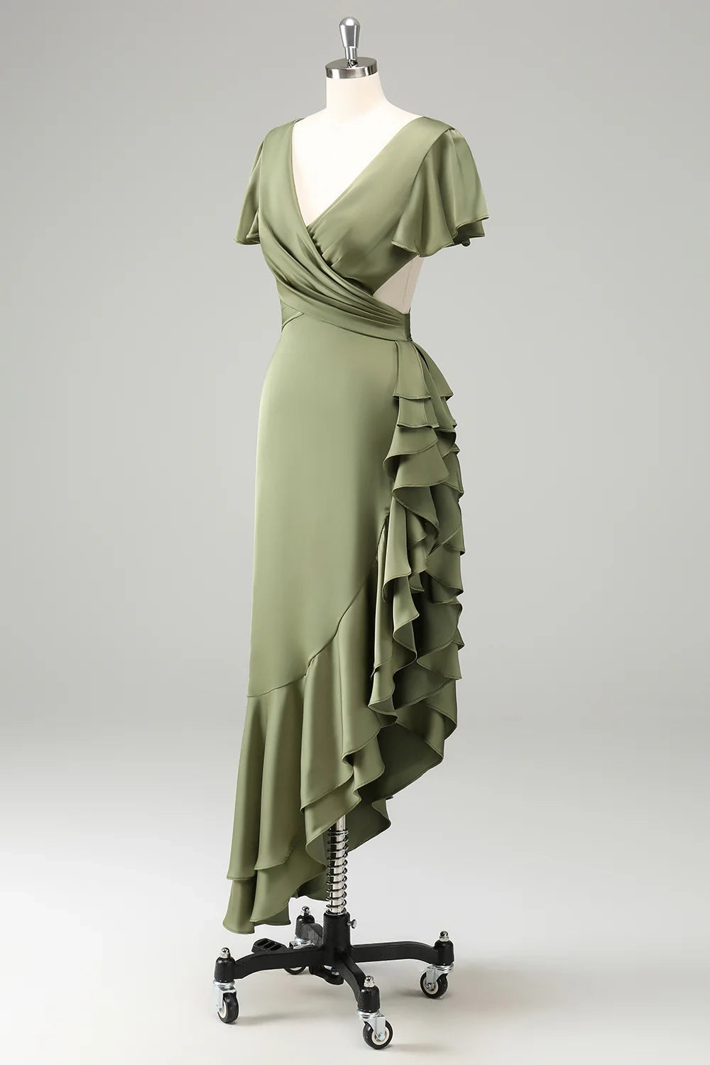 Elegant A-line V-neck short sleeved asymmetrical pleated bridesmaid dress