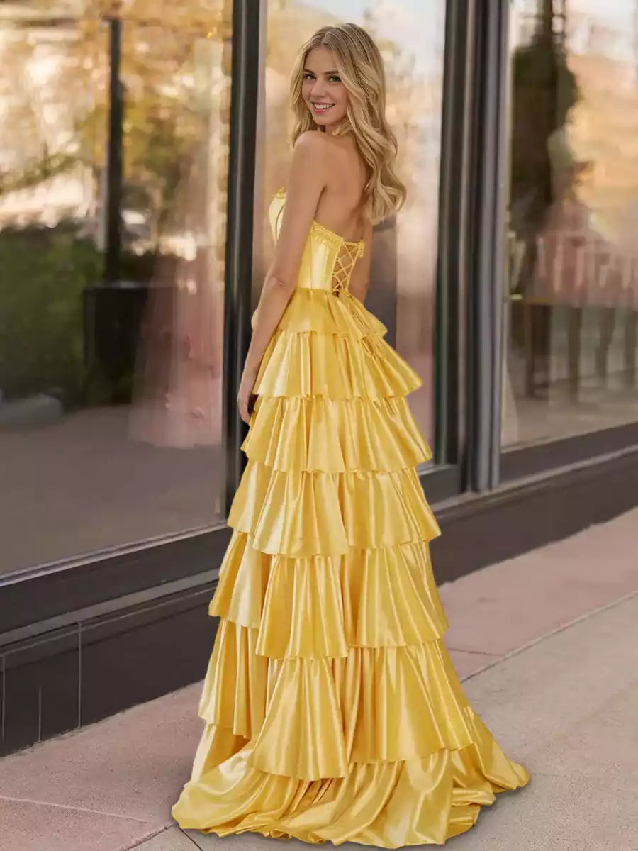Elegant A-line and floor baring sleeveless ruffles, beaded, slit lace up back Prom Dresses