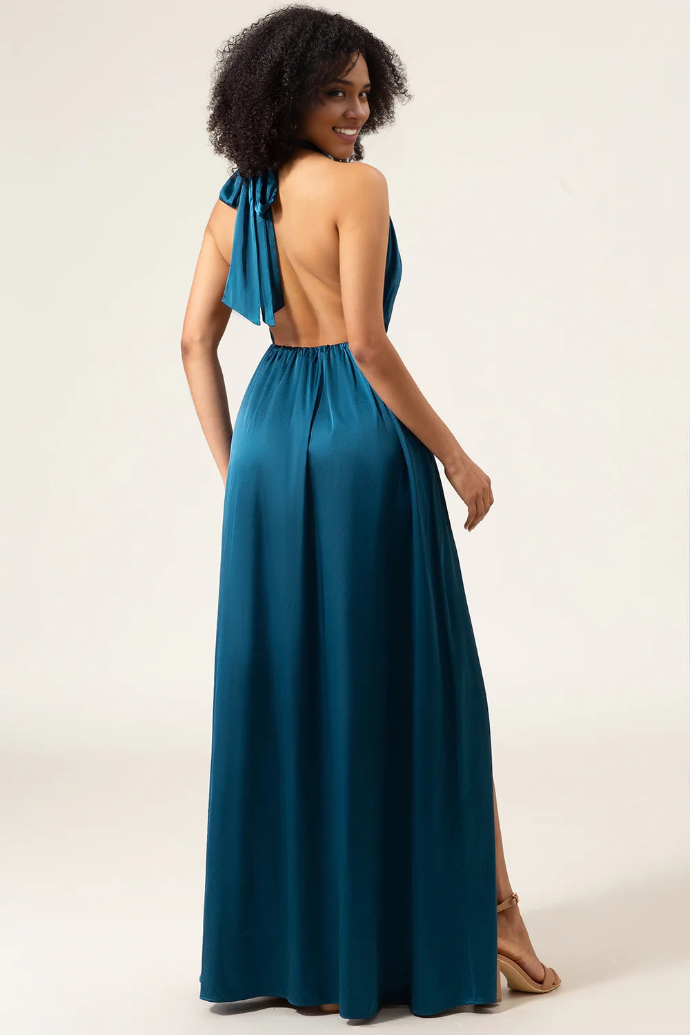 Elegant A-line backless and floor slit bridesmaid dress