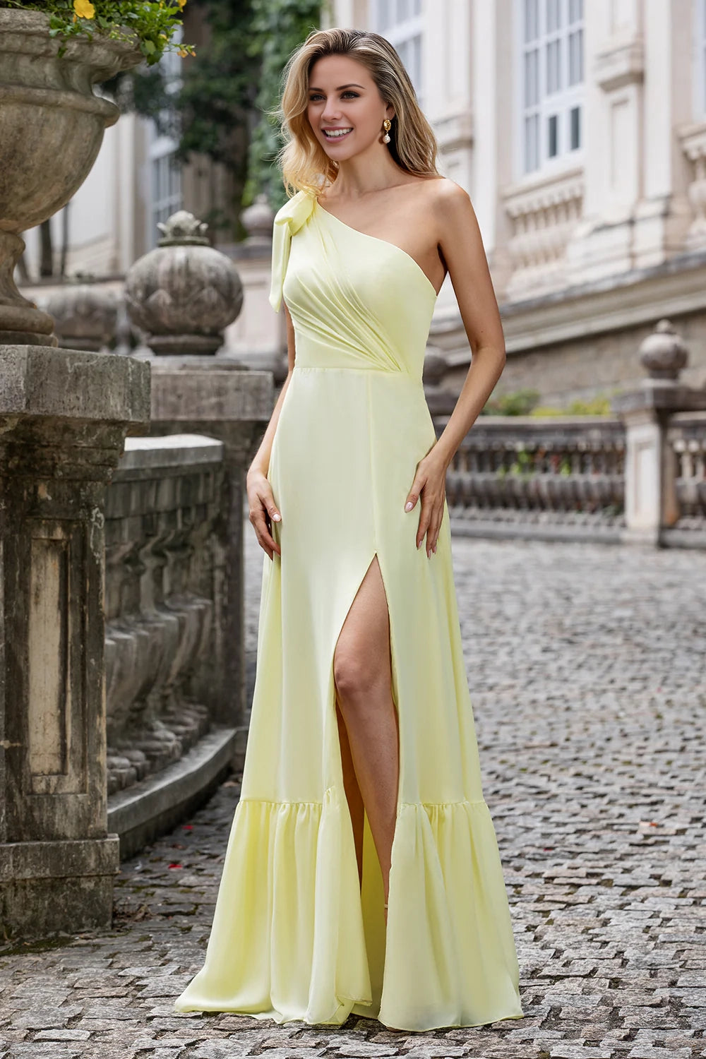 Elegant A-line one shoulder pleated long slit bridesmaid dress
