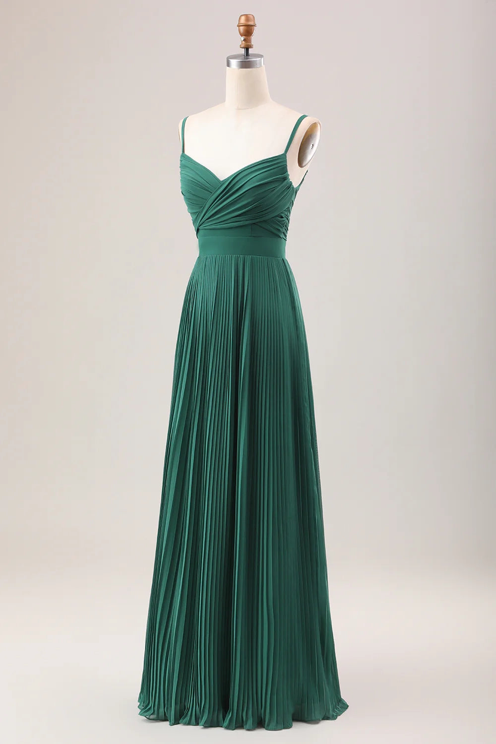 Elegant A-line slim shoulder strap pleated chiffon long bridesmaid dress