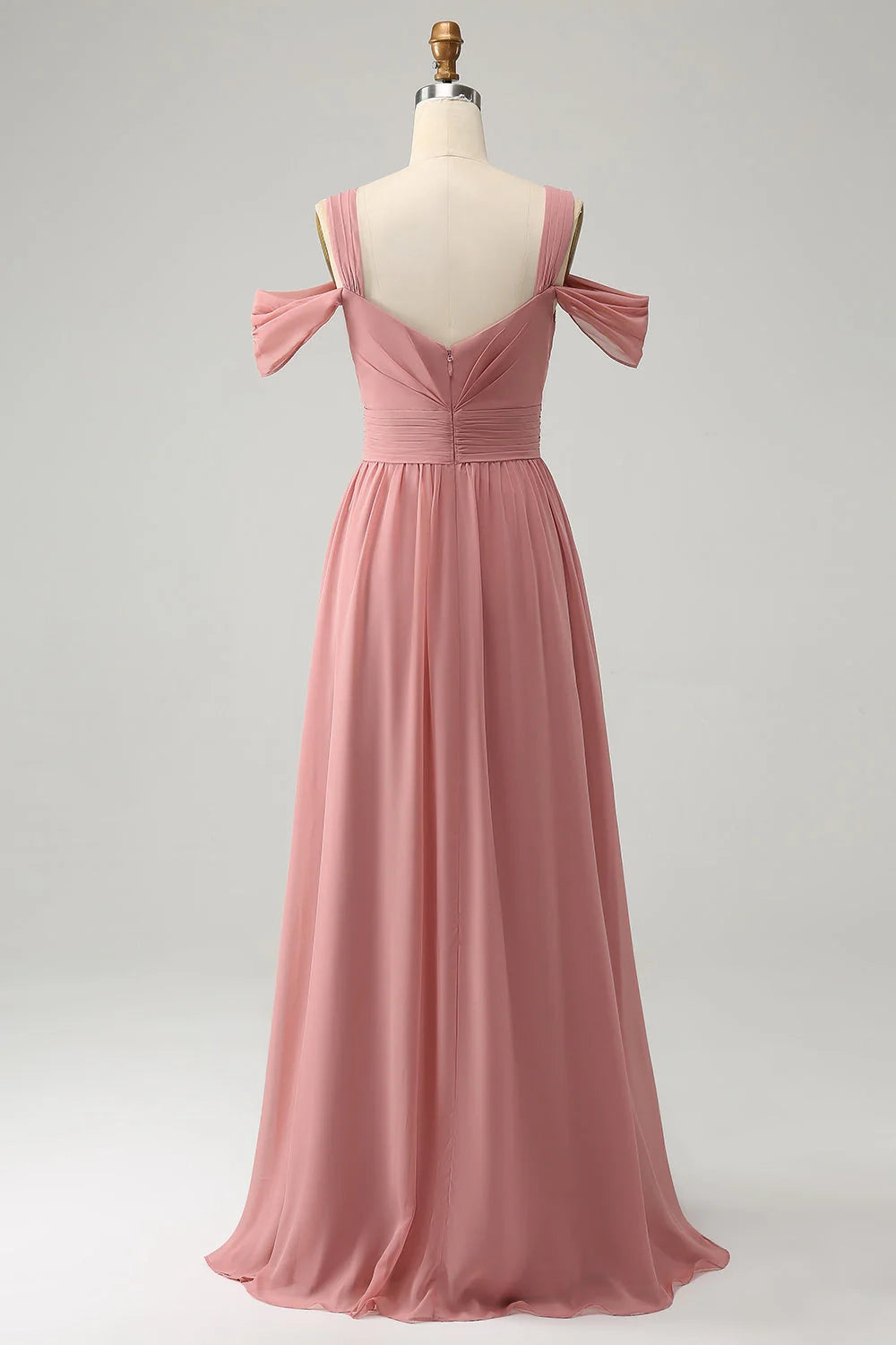 Elegant A-line slim shoulder strap pleated chiffon long slit bridesmaid dress