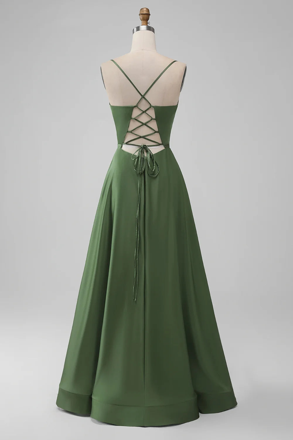 Elegant A-line slim shoulder strap waist cinching long back tie bridesmaid dress