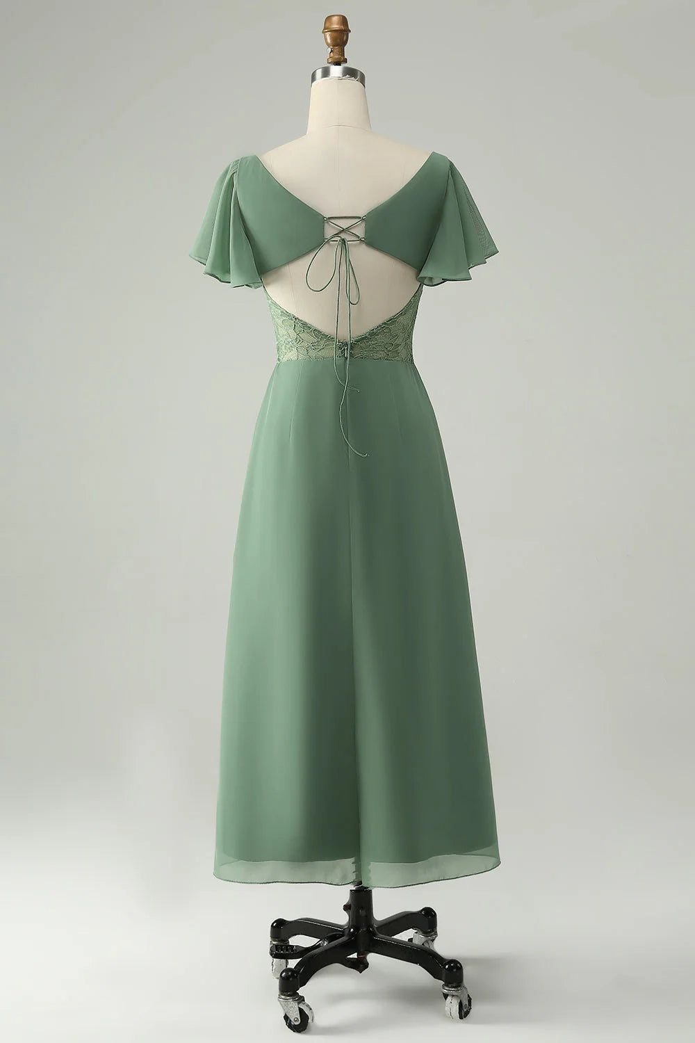 Elegant A-line square neck knee length chiffon slit bridesmaid dress
