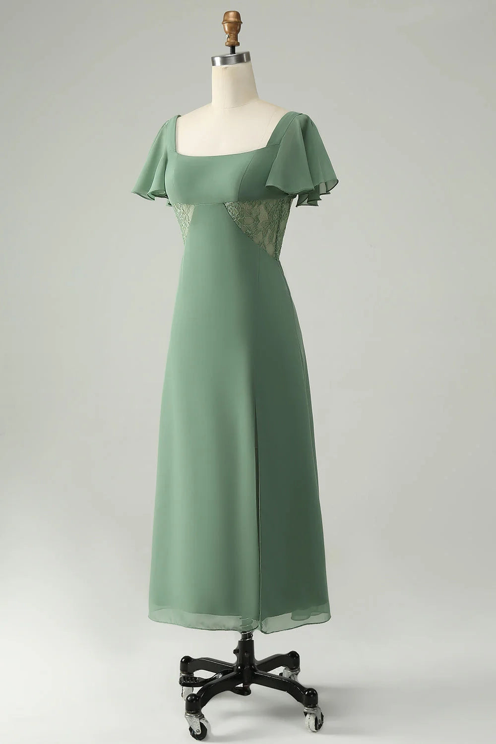 Elegant A-line square neck knee length chiffon slit bridesmaid dress