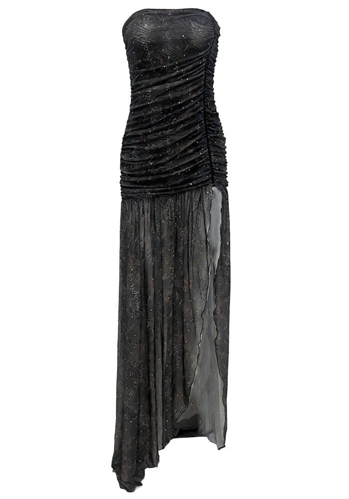 Elegant Black Shiny Mesh Strapless Mermaid High Slit Long Formal Evening Dress