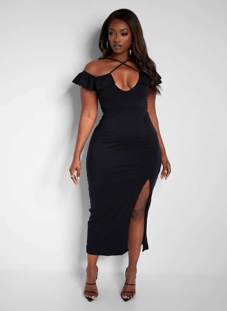 Elegant Criss Cross Halter Off The Shoulder Ruffle Ruched Slit Bodycon Midi Evening Dress