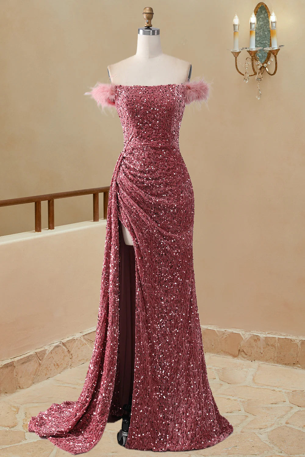 Elegant off the shoulder sequin mermaid feather sweet slim fit ball dress