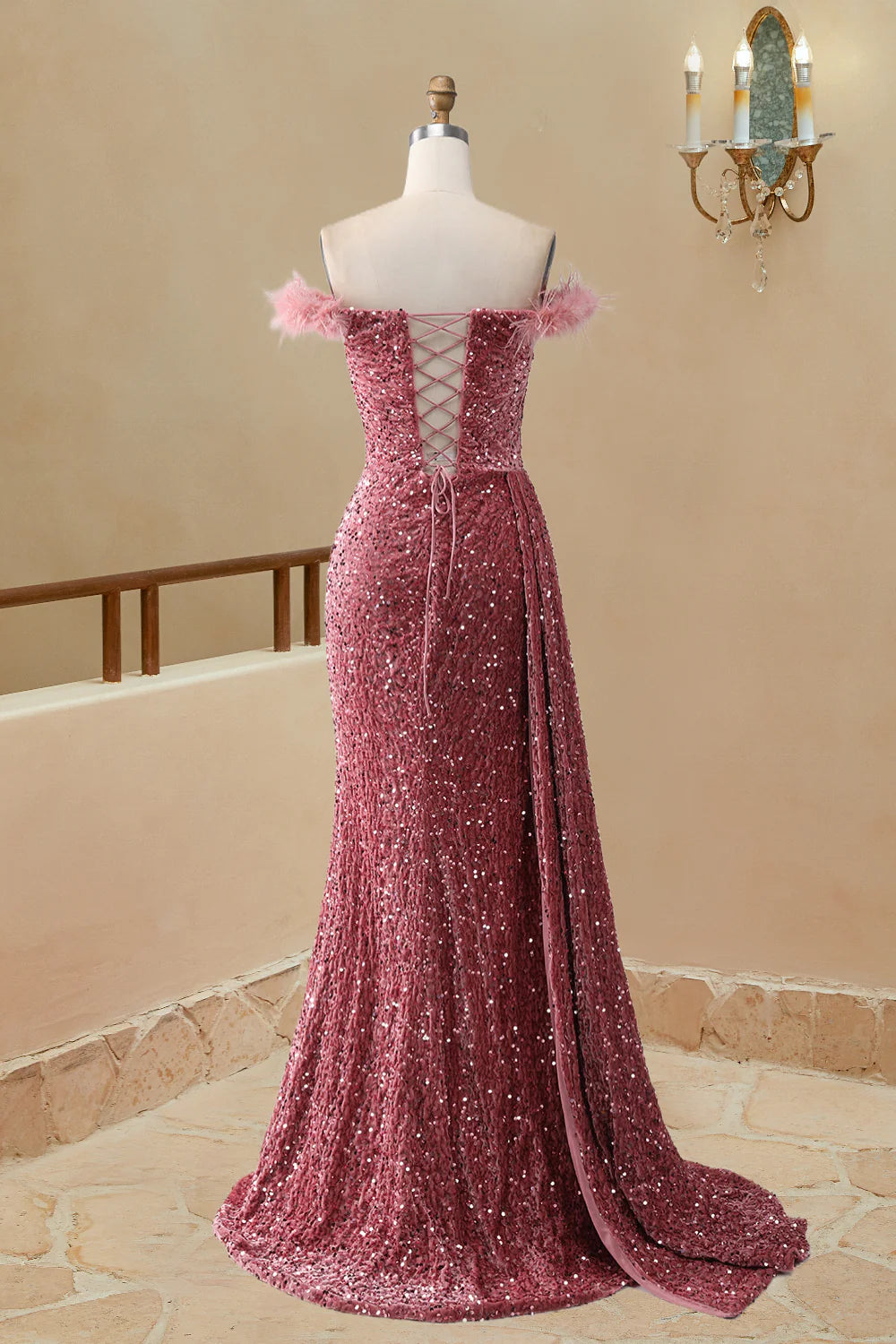 Elegant off the shoulder sequin mermaid feather sweet slim fit ball dress
