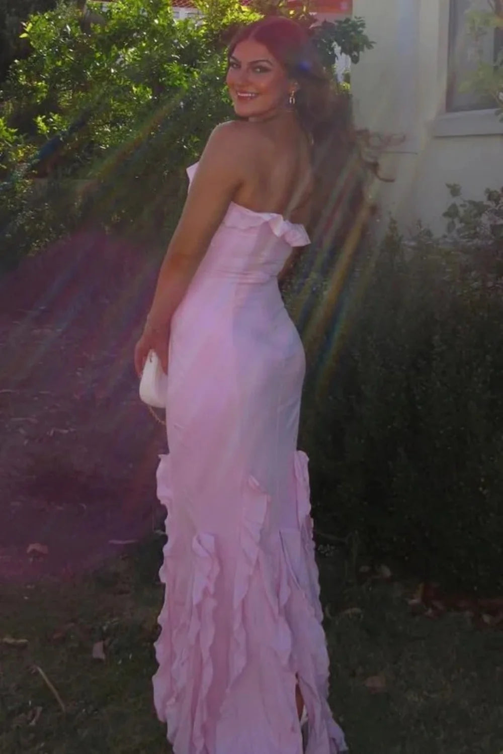 Elegant One Shoulder Ruffle Trim Mermaid Maxi Prom Dress