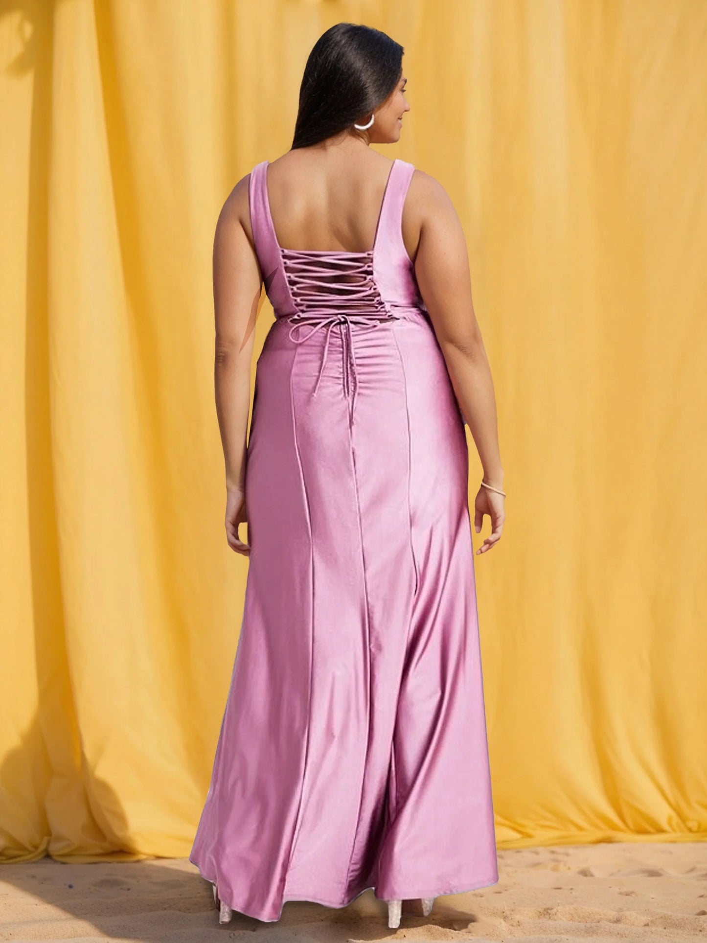 Elegant Plus-Size V-Neck Satin Mermaid Prom Dress with Lace-Up Back & High Slit
