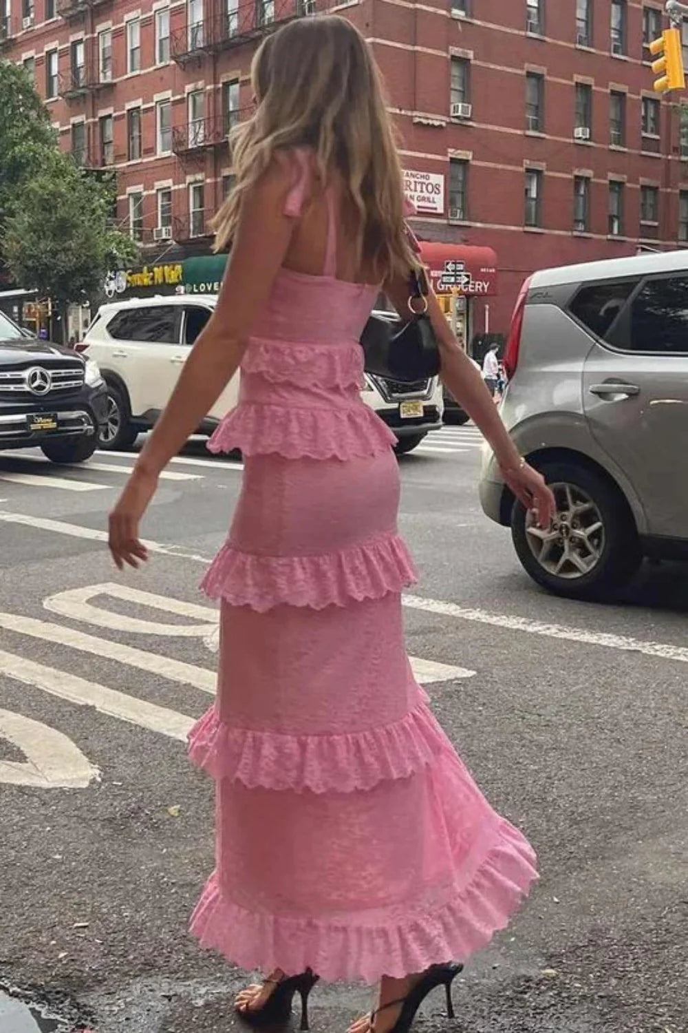 Elegant Spaghetti Strap Bow Detail Tiered Ruffle Lace High Slit Maxi Prom Dress