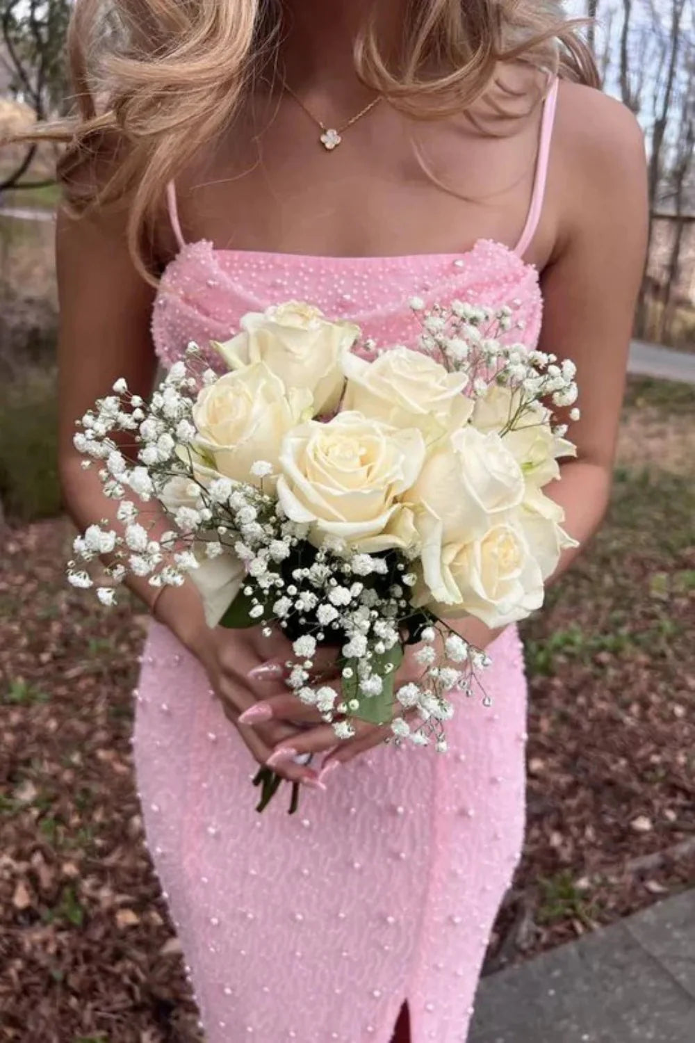 Elegant Spaghetti Strap Cowl Neck Beaded High Slit Maxi Prom Dress