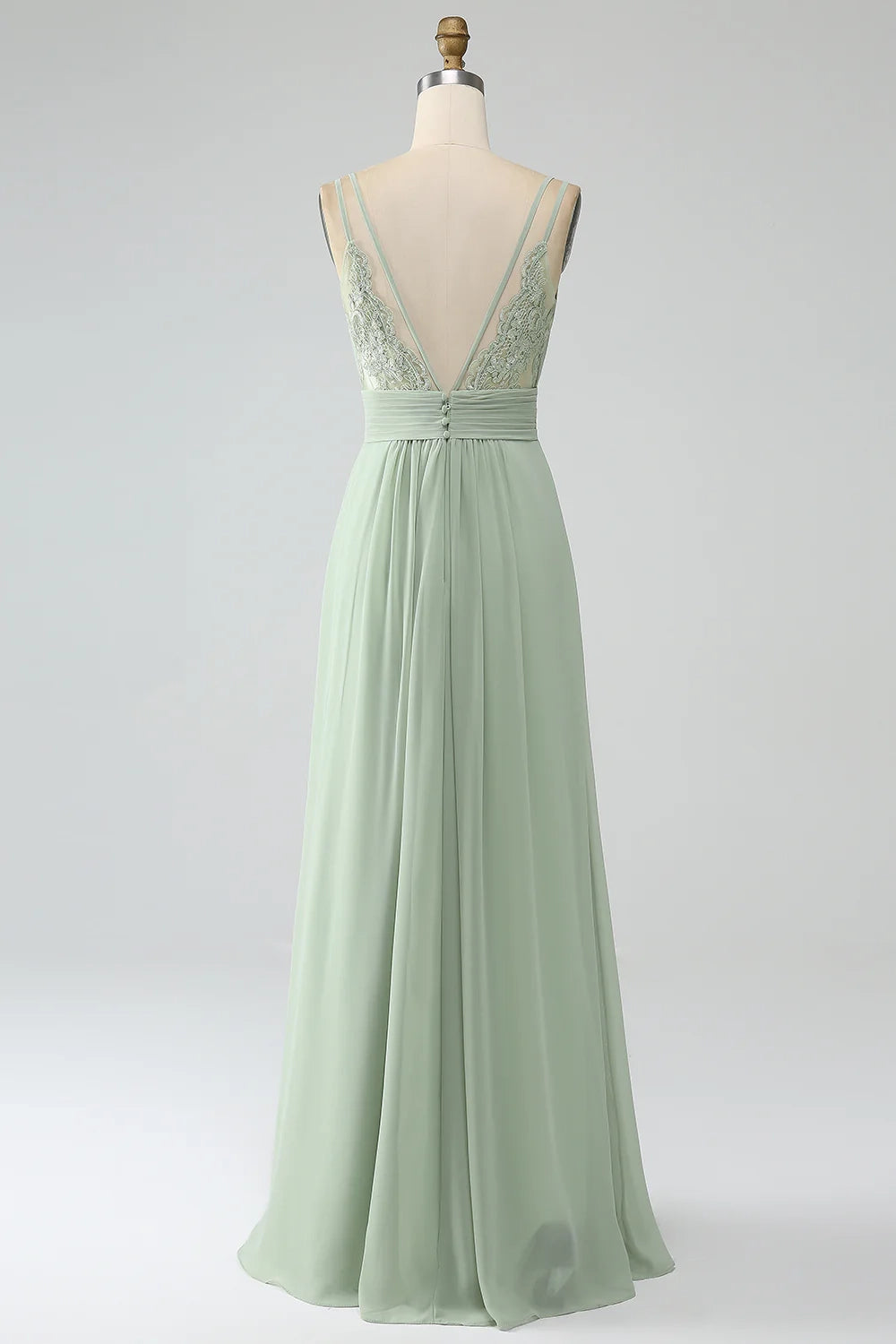 Elegant V-neck A-line slim shoulder strap pleated chiffon bridesmaid dress