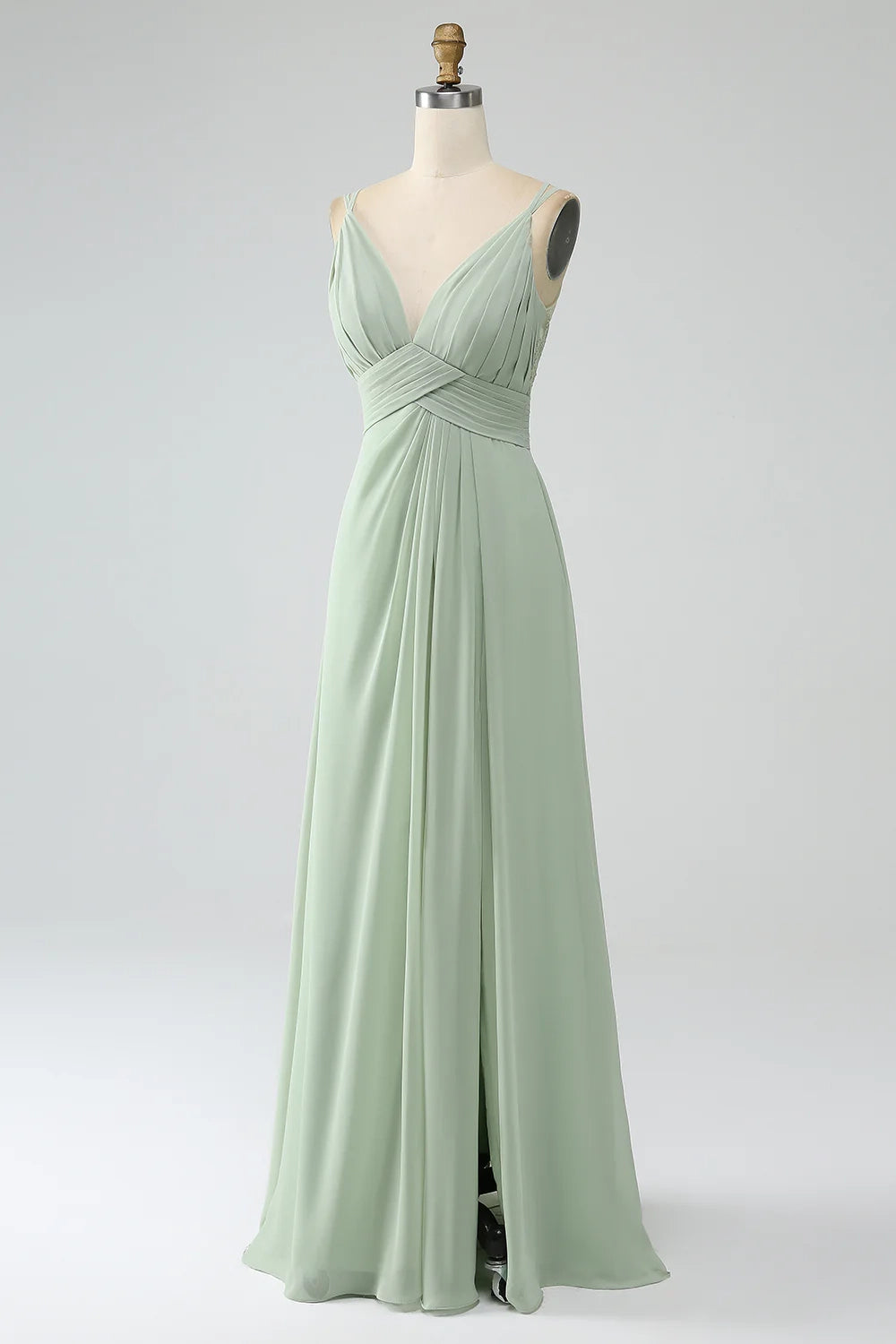 Elegant V-neck A-line slim shoulder strap pleated chiffon bridesmaid dress