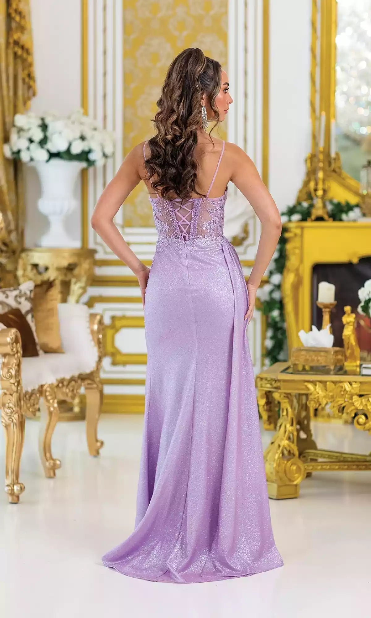Elegant and exquisite lace corset with lace up design, sheer side slits and hanging edges to showcase charm Prom Dresses