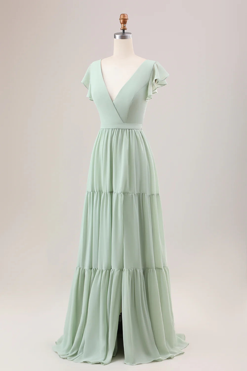 Elegant and flowing A-line V-neck lace up back slit long bridesmaid dress