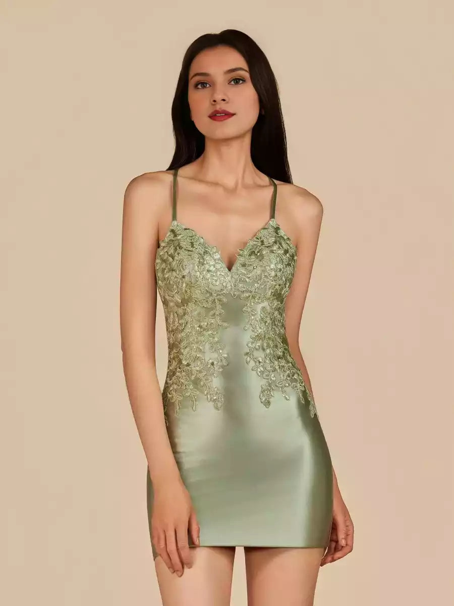Elegant applique satin mini slim cut V-neck embellished with sparkling sequins Homecoming Dresses