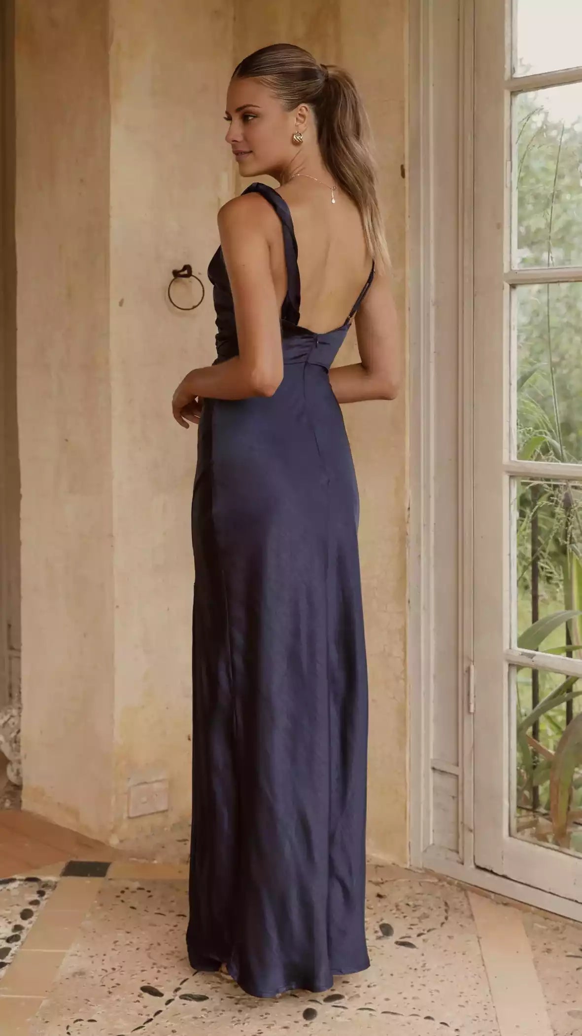 Elegant asymmetrical hanging collar, twisted shoulder strap, thin shoulder strap, side pleats and slits perfectly fit the body Prom Dresses