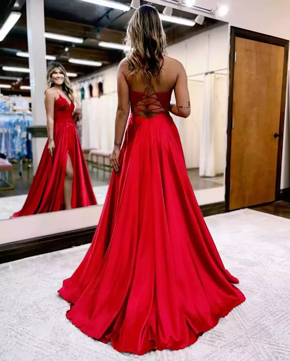 Elegant decal A-line thin shoulder strap satin tight back sleeveless lace up back Prom Dresses