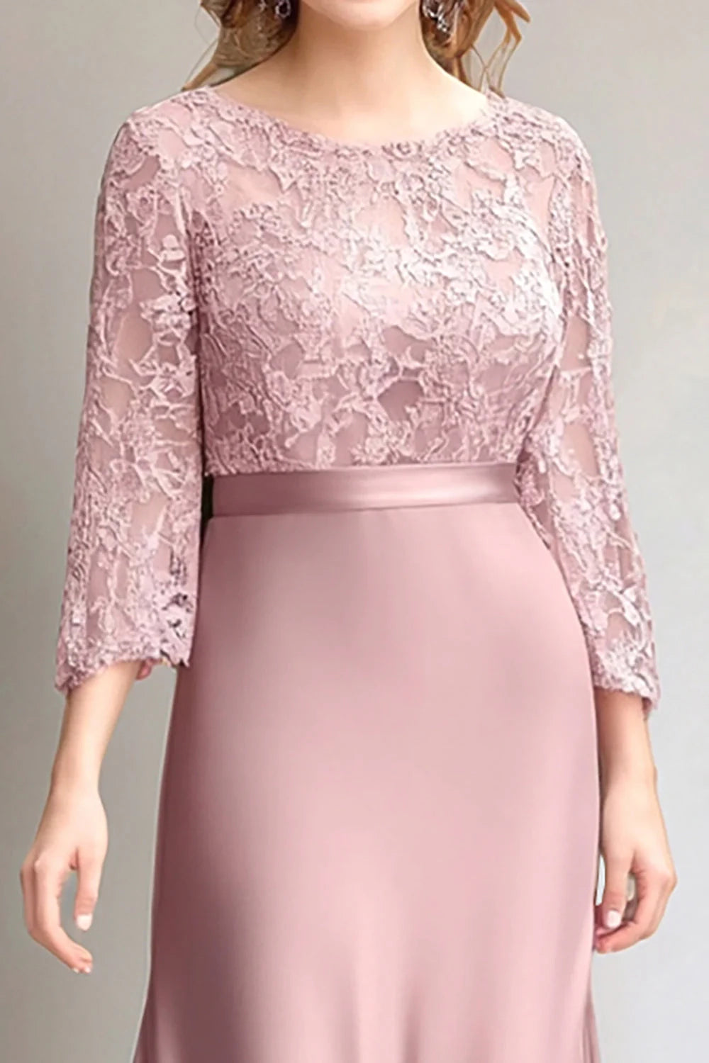 Elegant lace pleated long sleeved slim fit waist cinching bridal mother dress