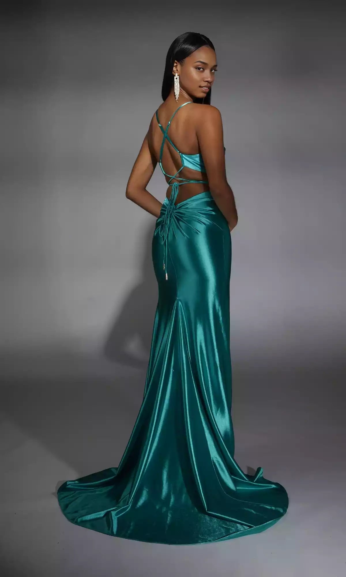 Elegant long satin V-neck backless bold slit thin shoulder strap slim fit sleeveless Prom Dresses