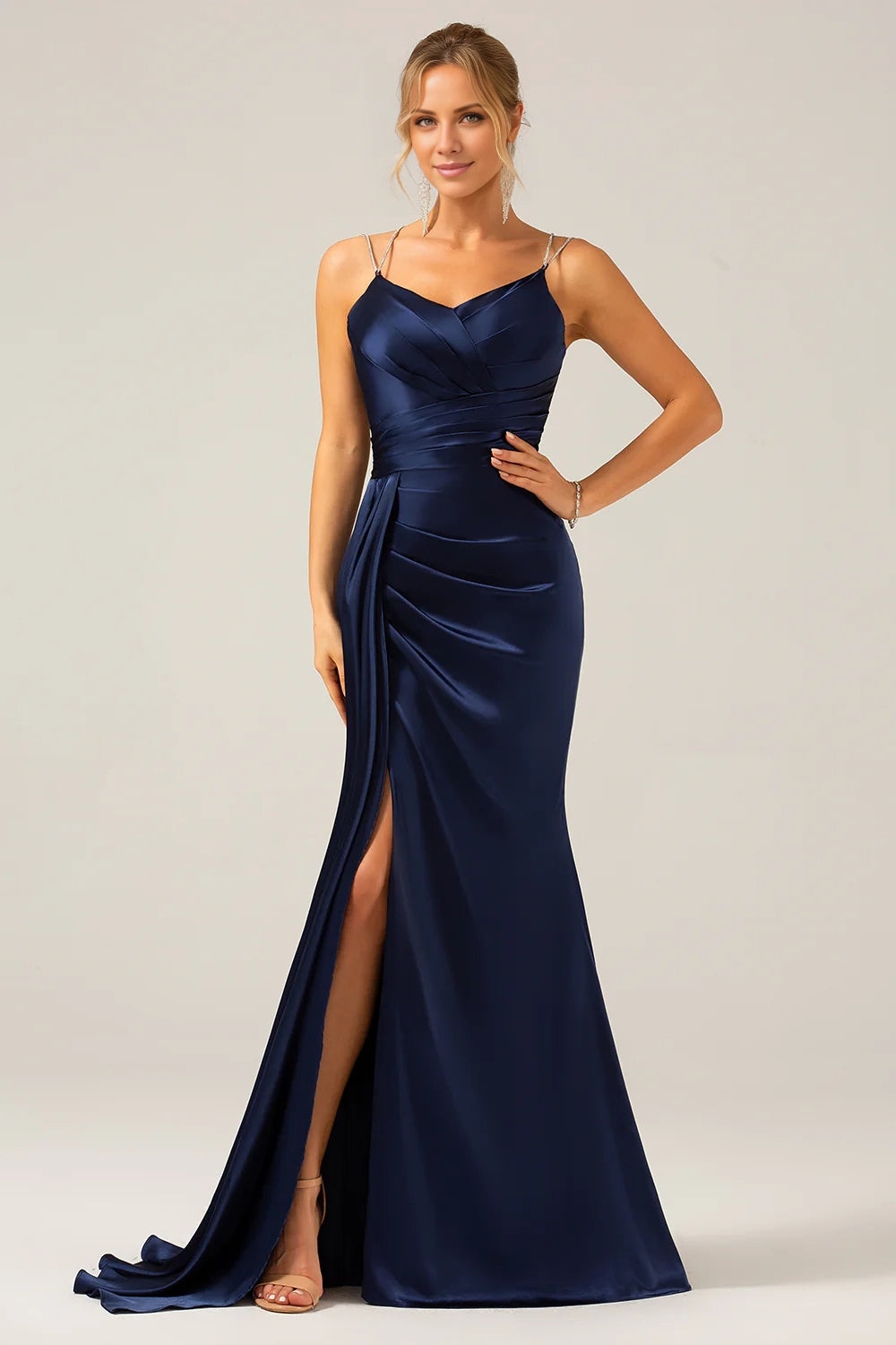 Elegant mermaid slim shoulder strap pleated slim slit bridesmaid dress