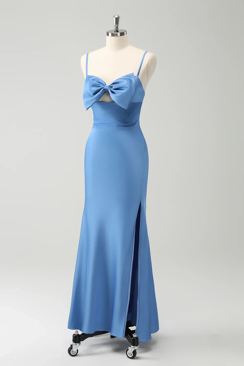 Elegant mermaid slim shoulder strap satin bow slim bridesmaid dress