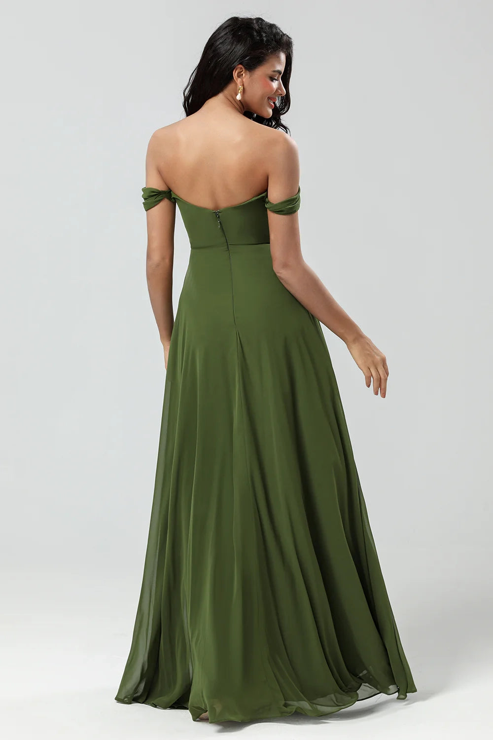 Elegant off shoulder and floor chiffon slit bridesmaid dress