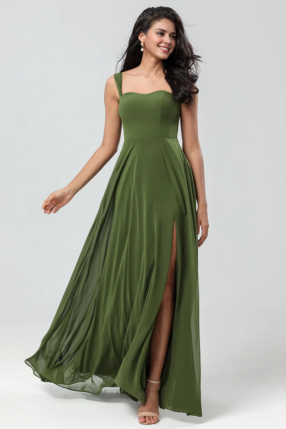Elegant off shoulder and floor chiffon slit bridesmaid dress
