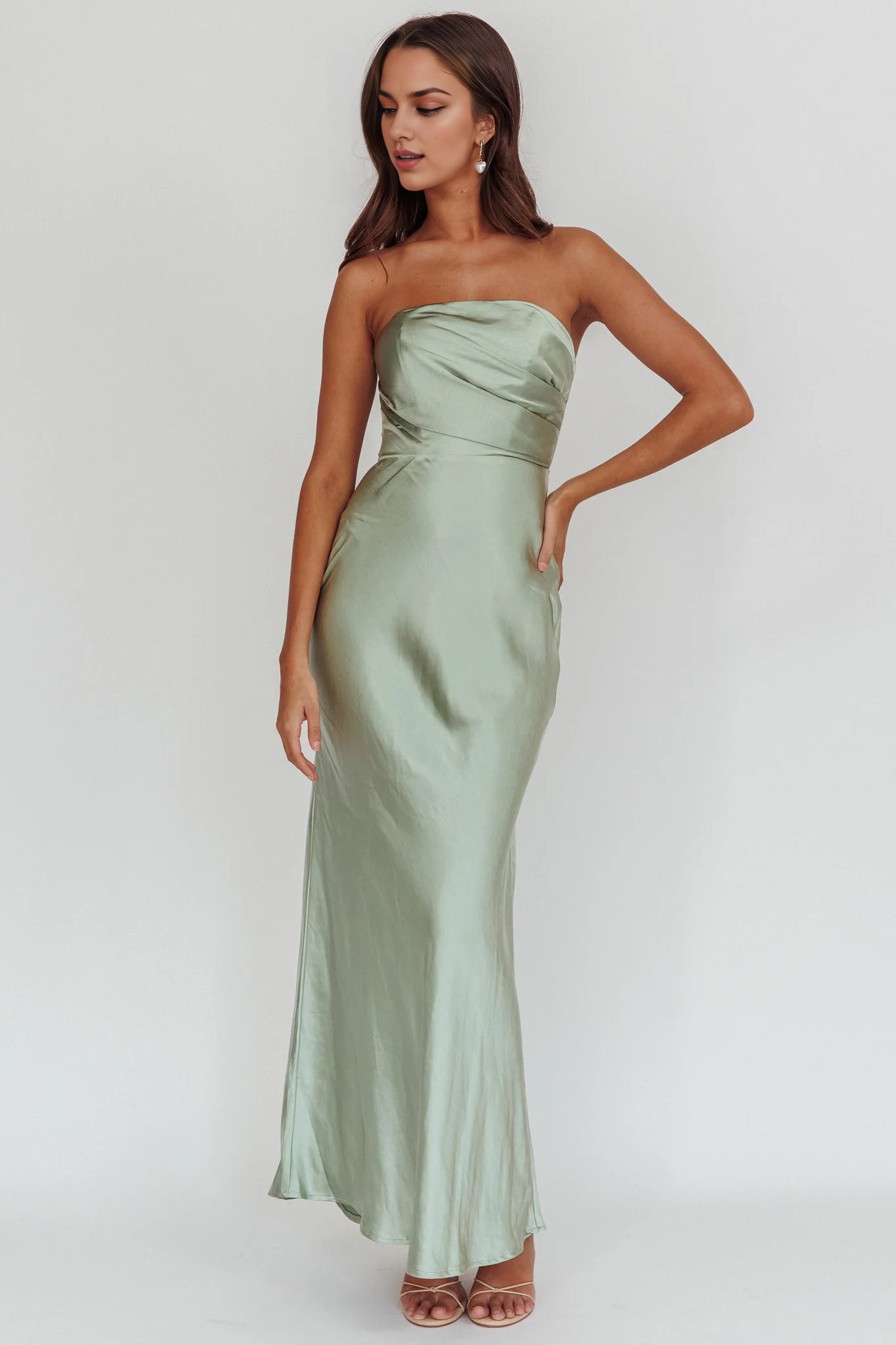 Elegant off shoulder strapless ultra long satin invisible back zipper bridesmaid dress