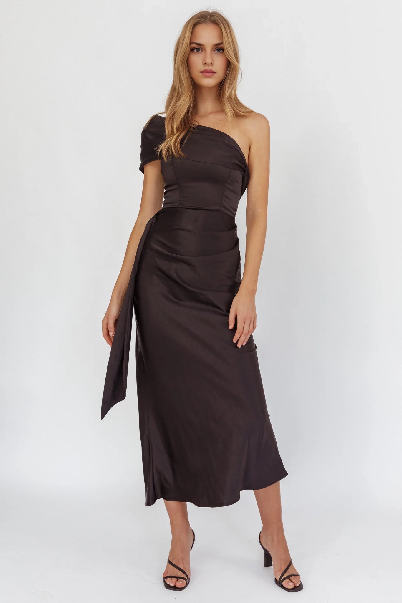 Elegant one shoulder pleated detail hanging waistband with side zipper bridesmaid dress