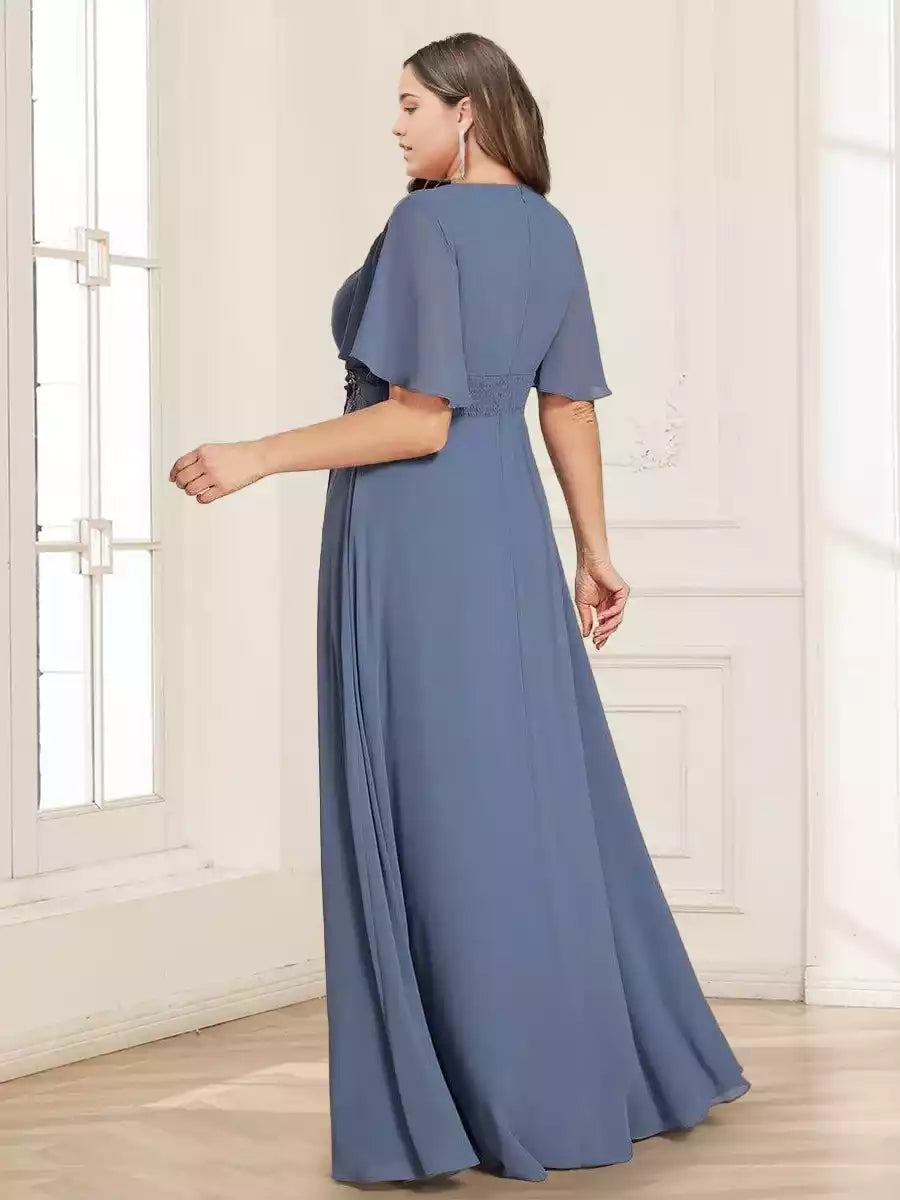 Elegant plus size A-line/princess round neck short sleeved shirt with floor decal Mother of the Bride Dresses