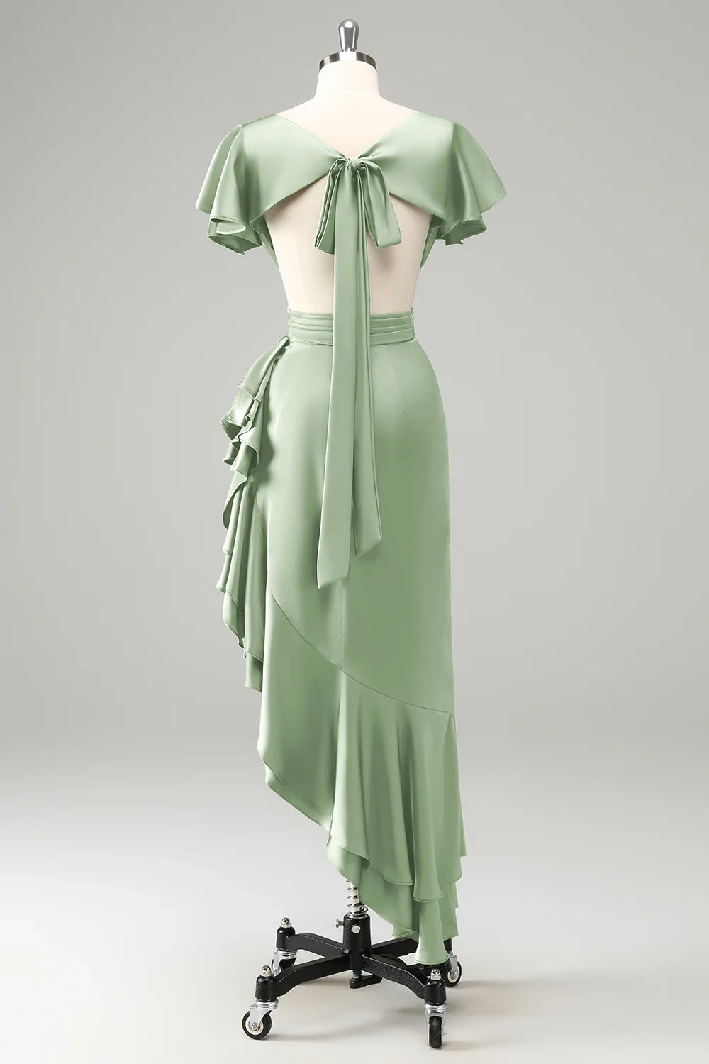 Elegant ruffled A-line V-neck short sleeved asymmetrical pleated bridesmaid dress