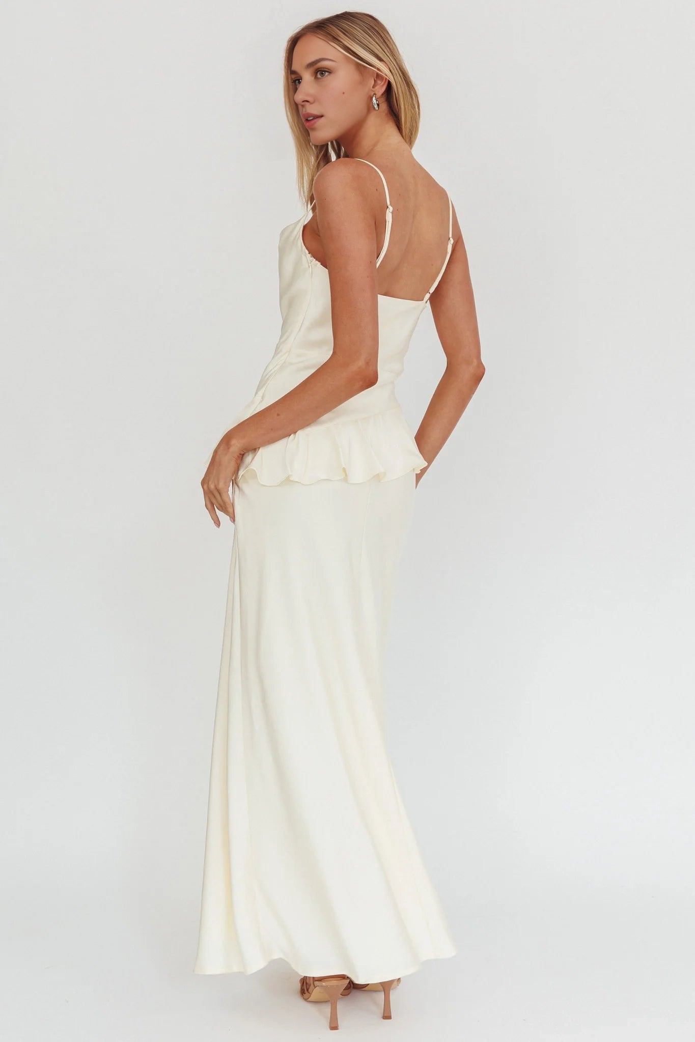 Elegant ruffled waist, extra long adjustable shoulder strap bridesmaid dress