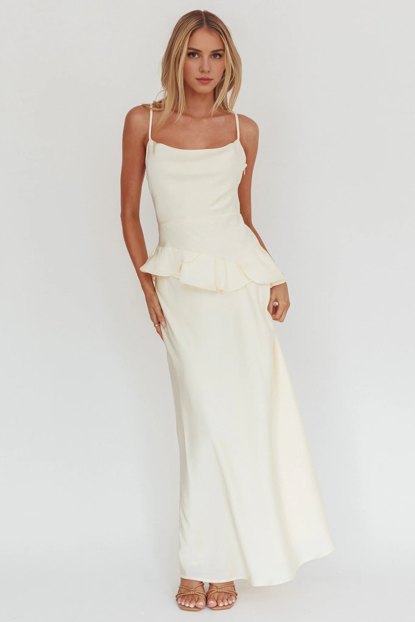 Elegant ruffled waist, extra long adjustable shoulder strap bridesmaid dress