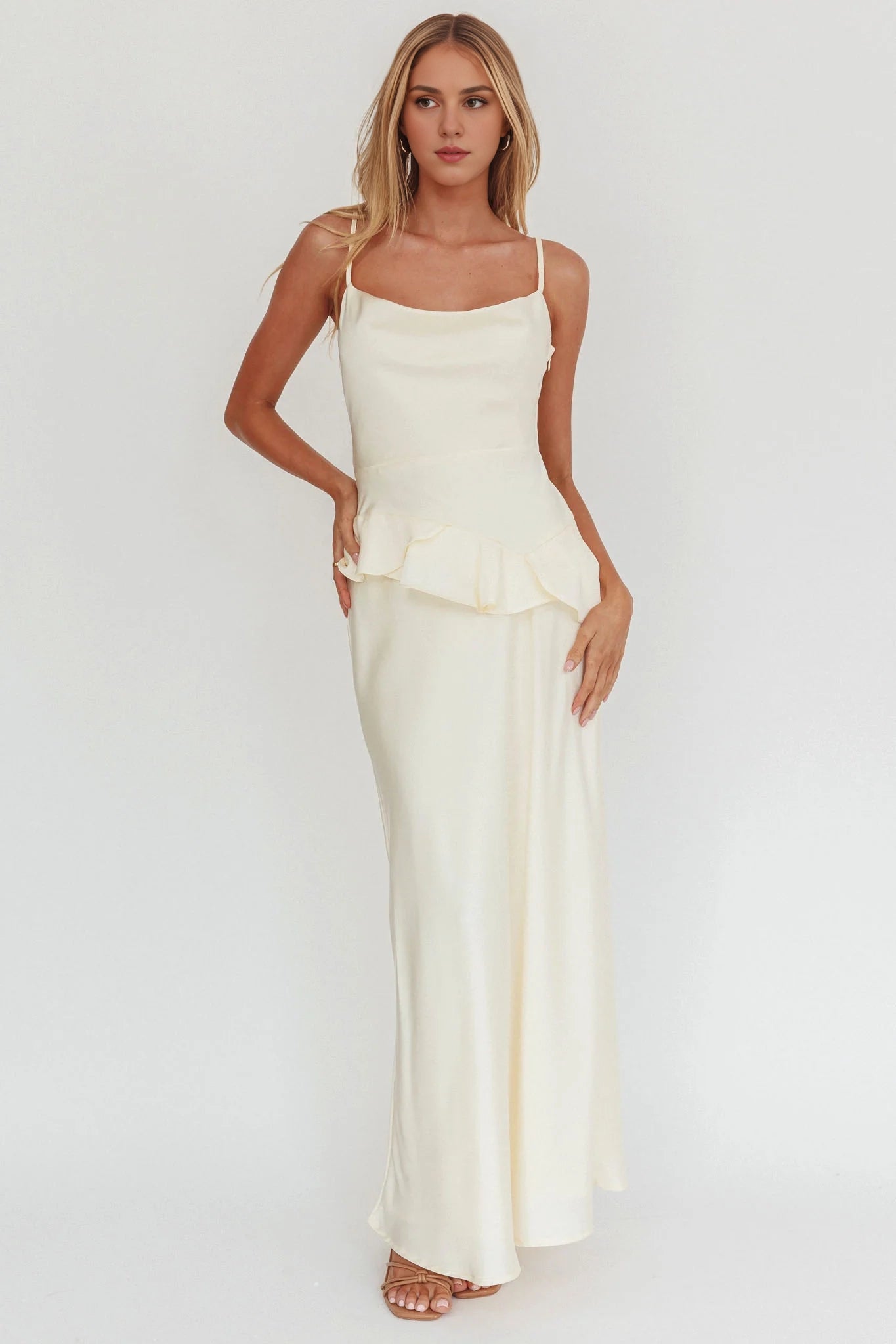 Elegant ruffled waist, extra long adjustable shoulder strap bridesmaid dress