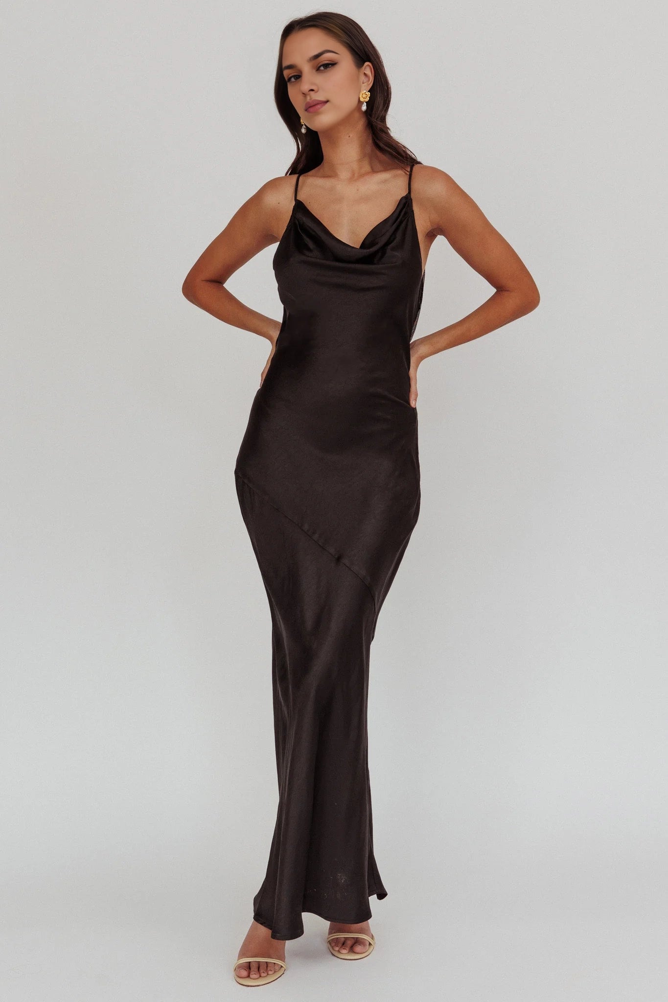 Elegant satin extra long unlined scarf collar with hollowed out mesh back bridesmaid dress