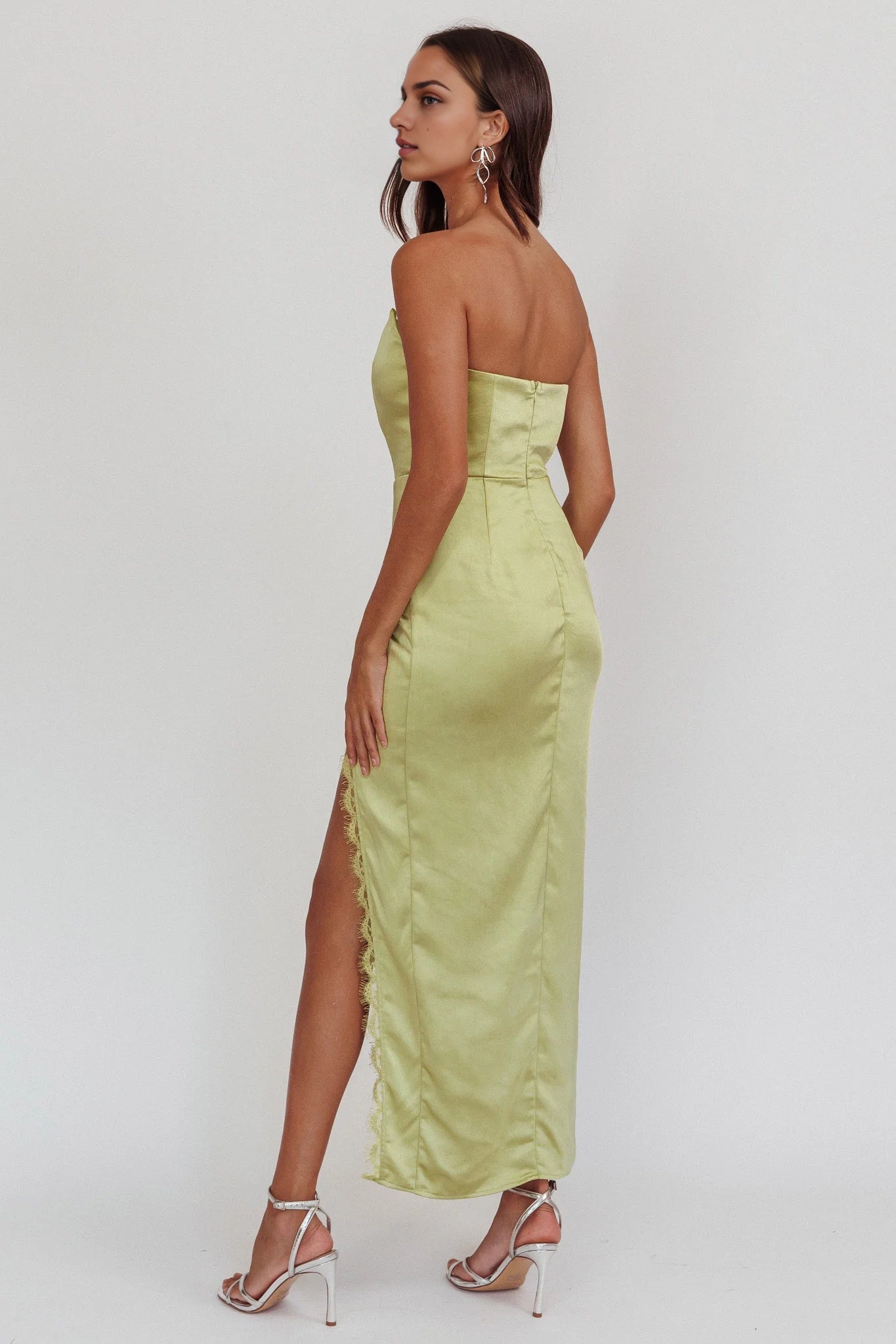 Elegant satin off shoulder strapless lace trimmed medium length bridesmaid dress