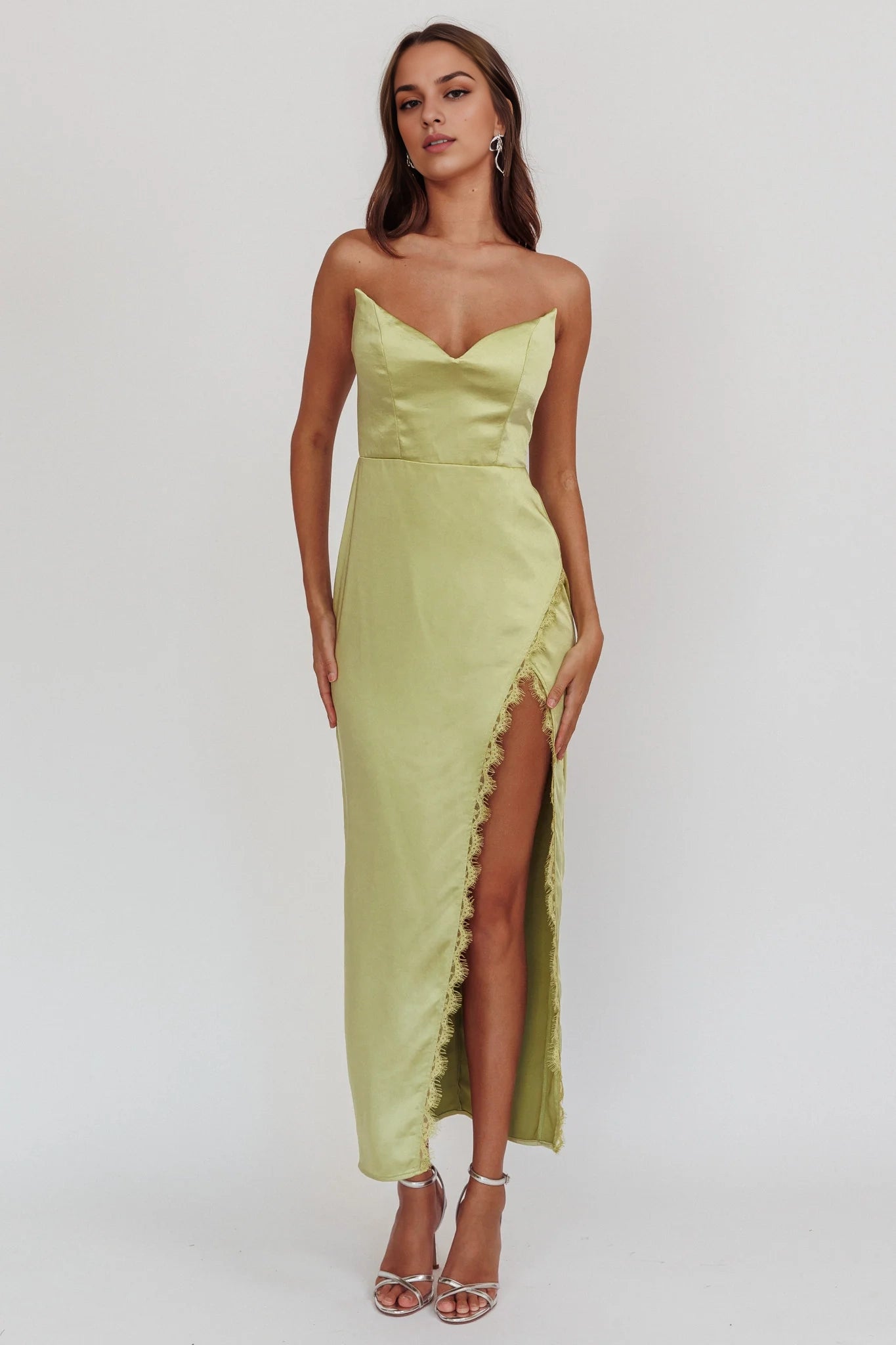 Elegant satin off shoulder strapless lace trimmed medium length bridesmaid dress