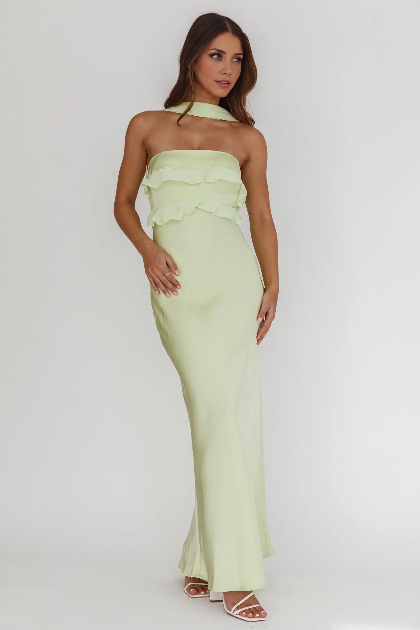 Elegant satin ultra long reverse hanging neck ruffled strapless bridesmaid dress