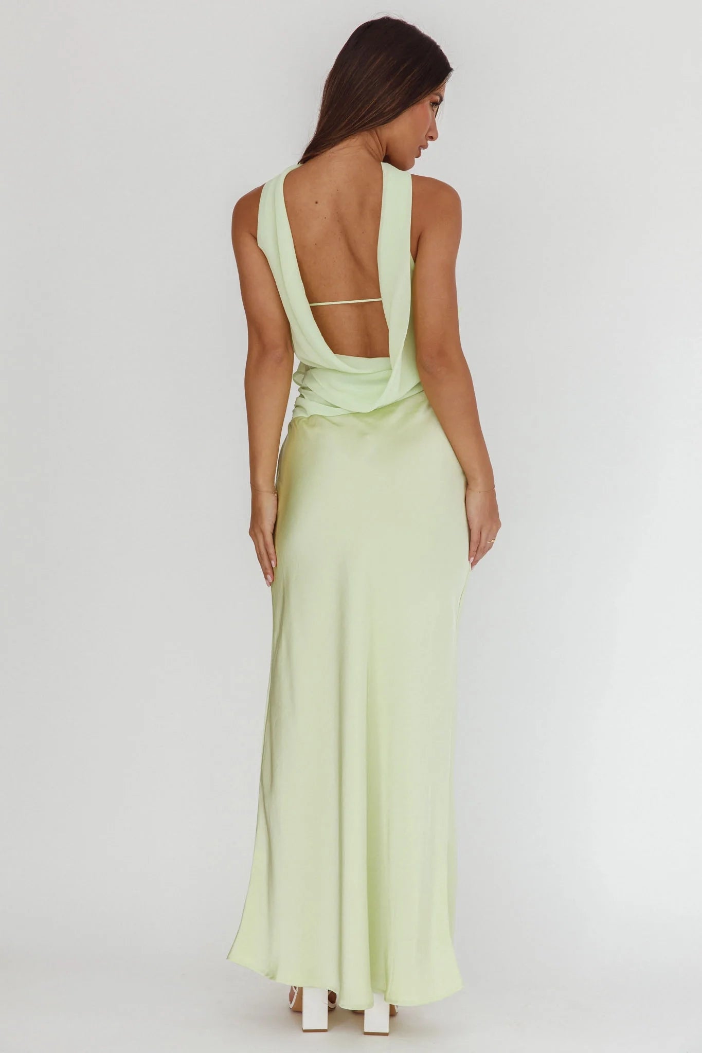 Elegant satin ultra long reverse hanging neck ruffled strapless bridesmaid dress